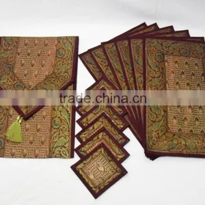 Indian Silk Table Runner With 6 Place Mats & 6 Coaster in Red Color Size 16*62 thumbnail-1