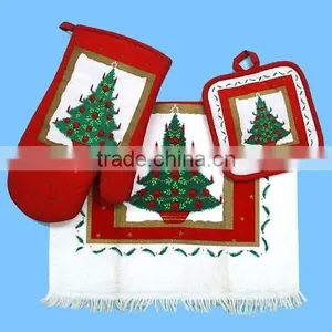 3pc Pigment Printing Towel With Fringe Cheese Holder Set Rooster Design Glove Set thumbnail-4