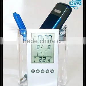 Plastic Electronic Pen Holder With Digital Clock thumbnail-1