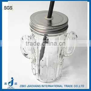 Cactus Plant Unique Shape Clear Glass Juice Mason Jar With Silver Lid and Straw thumbnail-1