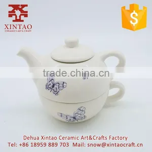 Glazed Full Hand Painted White With Blue Butterfly Ceramic Teapot thumbnail-1