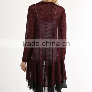 Stylish Girls Women Fashion Burgundy Layered Open Cardigan With Ruffle Hem Polyester Rayon Spandex Cardigan Wholesale thumbnail-5
