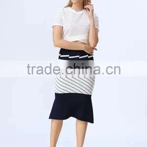 2016 New Arrival White & Black Stripe Knitted Crop and Fishtail High Waist Knitted Skirt Co-ord Set thumbnail-4