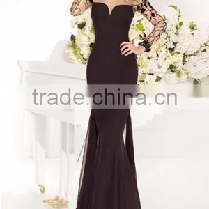 Elegant Full Length A-line Backless Long Sleeve Black Evening Dresses thumbnail-1