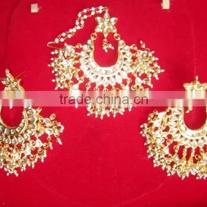 Kundan Jadau Earring Tikka Gold Plated Chand Bali Set thumbnail-1