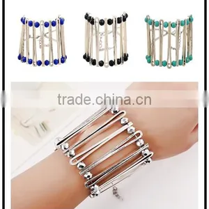 2016 Unique Double Layer Beades Metal Cuff Bangle Elastic Stone Beaded Cuff Bangle Diy Beaded Bangle thumbnail-1