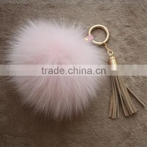 Myfur Baby Pink Real Leather Tassel Fox Fur Pom Puff Key Ring Bag Accessory thumbnail-1