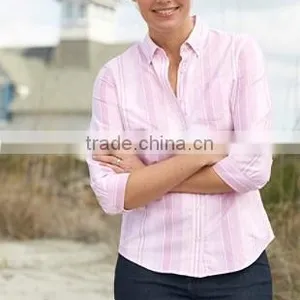 2015 Easy Care Washed Oxford Shirt Three-Quarter-Sleeve Multi-Stripe Elegant Blouses for Ladies thumbnail-3