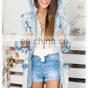 High Quality OEM Garment Oversized Casual Light Blue Women Trench Coat With Hood thumbnail-6