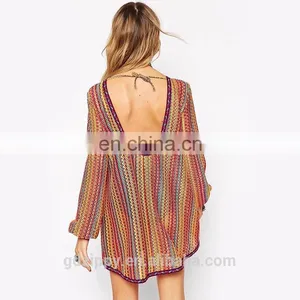 New Arrival Cut Out Back Long Sleeve Stripe Print Vintage Retro Dress thumbnail-3