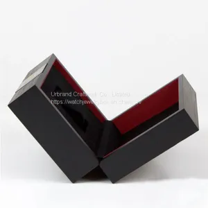 Matte Black Painted Popular Natural Wood Watch Display Box Solid Wood Watch Gift Box With Metal Logo Plate thumbnail-5