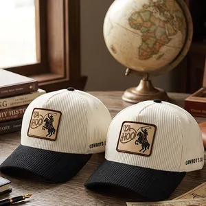 Western Cowboy Vibe YAHOO Lasso Leather Patch Cream Black Corduroy 5 Panel Hat thumbnail-2