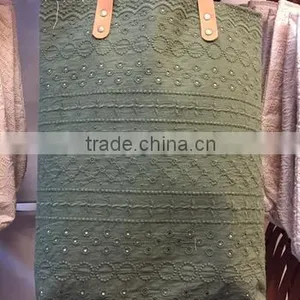 Dobbytex Best Selling Thai Cotton Dark Green Lace Tote Bag With Leather Strap thumbnail-1