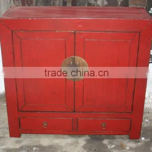 Chinese Antique Red Living Room Cabinet With Two Door Two Drawer thumbnail-1