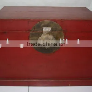 Chinese Antique Red Lacquered Wooden Trunk thumbnail-1
