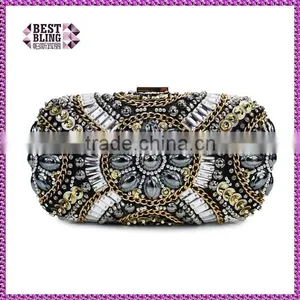 Fashion Classic Design Embroidery Flowers Party Black Diamond Clutch Evening Bag Shoulder Bag Handbag Ladies Purse(C024) thumbnail-1