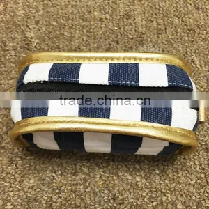 Blue Stripe Printing Cotton Canvas Zipper Pouch Make Up Clutch Bag With Gold Edge thumbnail-2