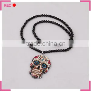 Black Bead Long Chain Necklace With Skull Pendant, Fashion Necklace Free Samples thumbnail-1