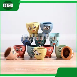 Wholesale Cheap Creative Handwork Mini Cartoon Expression Ceramic Garden Flower Pot thumbnail-2