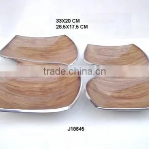 Two Compartment Cast Aluminium Enamel Bowl With Wood Finish Enamel thumbnail-1