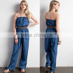 100% Cotton Solid Denim Woven Jumpsuit Elastic Waist Off Shoulder Plus Size Denim Jumpsuit Women thumbnail-1
