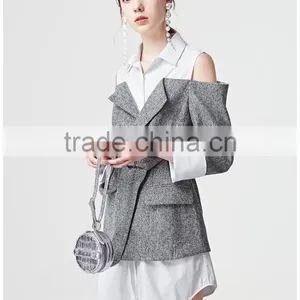 2017 New Design Cold Shoulder Long Sleeve Fake 2 Piece Shirt thumbnail-5