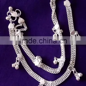 SILVER TONE Chain BELLS Payal ANKLETS Foot Bracelet PAIR thumbnail-1