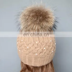 Super Natural Color Raccoon Fur Pom Pom Hats With Pearls for Ladies thumbnail-4