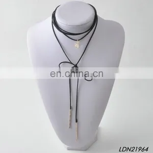 Long Black Layered Leather Thin Double Wrap Choker Bolo Necklace With Gold Tip- Vegan Faux Suede Accessories thumbnail-1
