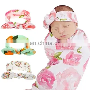 Newborn Baby Swaddle Receiving Blanket With a Matching Headband Set thumbnail-2