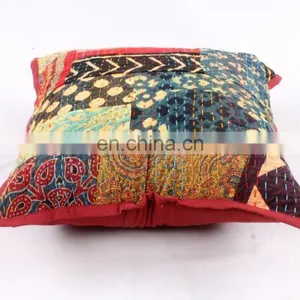 Indian Cotton Handmade Multi Colour Floral Kantha Cushion Cover Kantha Throw Pillow Cover Hand Stitched Kantha Cushion Cover thumbnail-3