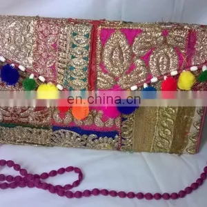 Hot Trendy Fancy Beautiful Pom Pom Zari Embroidered Stylish Banzara Gypsy Clutch Lady Clutch Bags Floral Designer Handbag Pouch thumbnail-4