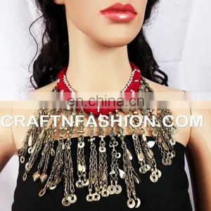 Belly Dance Vintage 1960s Afghani Old Necklace - Kuchi Tribal Necklace - Designer Boho Turkmen Beaded Jewelry thumbnail-1