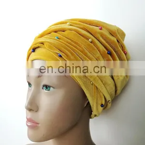 Plain Color Soft Velvet Turban Head Wrap With Beads for Women thumbnail-3