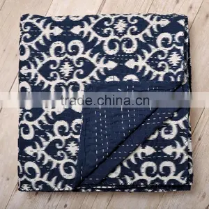 Indigo Ikat Kantha Quilt Handmade Organic Vintage Throw Kantha Quilt Ethnic Reversible Bedspread thumbnail-1