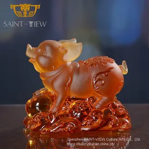 LiuLi Glass Lost-Wax Art Crystal Feng Shui Decoration - Pig Statue Chinese New Year Gift thumbnail-2