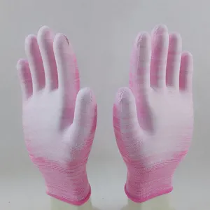 Pink and White Polyester Knitted pu Palm Coated Anti-static Safety Work Gloves thumbnail-4