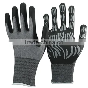 NMSAFETYanti Slip 13 Gauge Nylon and Spandex Liner Coated Balck Foam Nitrile and Grey Nitrile Stripes on Palm Safety Work Gloves thumbnail-1