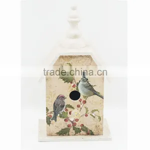 Beautiful Painted Fower White Tower Top Shape Wood Crafts Feeding Station Bird House thumbnail-1