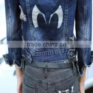 Bleach Basic Style Vintage Blue Stretch Denim Women's Jacket With Studs thumbnail-3