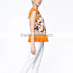 Promotional Top Quality Knitted Wear Popular Printed Ruffle Hem Model Women's Simple Blouse With Sleevless thumbnail-5