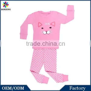 Small MOQ 2015 Fashion High Quality Pink Children Clothing Factory Long Sleeve Cotton Cute Cat Face Printed Kids Pajamas thumbnail-1