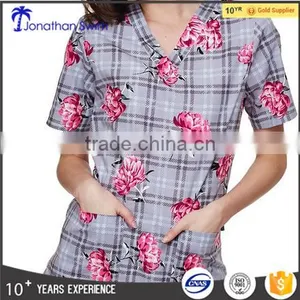 2017 Fashion Printed Rose Design Hospital Scrubs Uniforms thumbnail-1