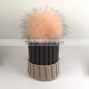 Myfur Hot Sale Ladies Winter Raccoon Fur Ball Attached Knitting Beanie Hat thumbnail-1