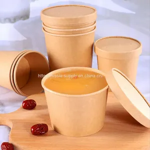 Disposable Brown Takeaway Soup Bowls 12oz Kraft Soup Cup With Lid thumbnail-1