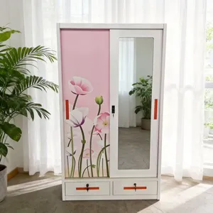  Multi‑purpose Knock‑down 3‑Door 4‑Door Steel Wardrobe Pattern Printed Finish Clothes Storage Cabinet With Mirror And Drawers Custom Color thumbnail-4