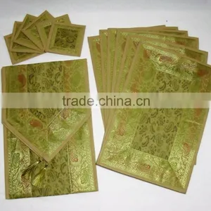 Indian Silk Table Runner With 6 Place Mats & 6 Coaster in Light Green Color Size 16*62 thumbnail-1