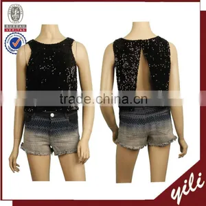 Plain Black Color Mini T-shirt Sleeveless Women Sequin Vest thumbnail-1