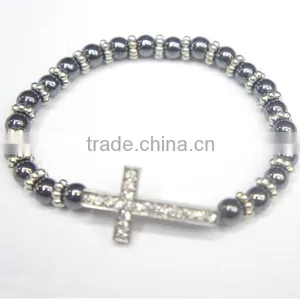 Hematite Bracelet With a Big Cross ,chain Rosary Bracelet,catholic Dead Bracelet thumbnail-1