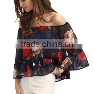 Women's Casual Floral Off Shoulder Chiffon Blouse Top thumbnail-3